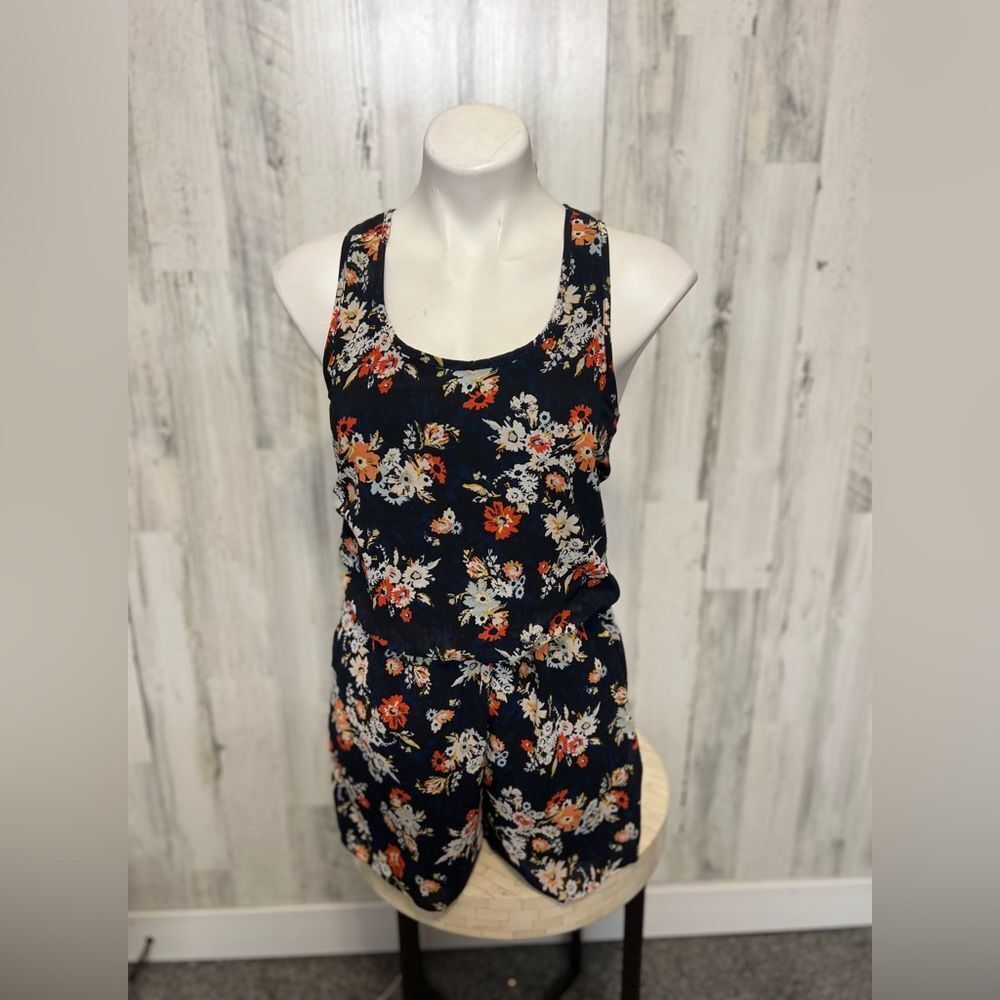 Xhilaration Navy Blue Calico Floral Romper Womens Extra Small XS Zipper Racerbac